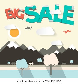 Big Sale Flat Design Vector Illustration with Mountains and Cars on Road