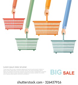 big sale flat illustration. hands hold of perforated shopping baskets isolated on white