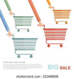 Big sale flat illustration. Racing on shopping carts