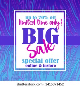 Big sale flayer template for web and print with neon waves marble pattern background in purple blue colors. Creative vector design, elegant concept