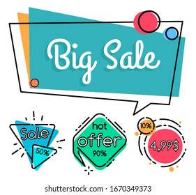 Big sale geometric posters with 50 and 90 percent discount, hot price best offer banners in flat memphis style. Vector illustration of info about sales in speech bubbles, promo offer round shape