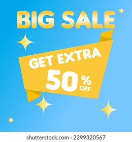 Gran venta. Obtén un 50% extra de descuento. Cartel para web o medios sociales. Con banda amarilla y fondo de degradado azul. Anuncio de descuento. font Insaniburger
