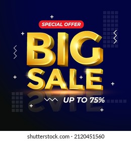 Big sale glossy gold text vector in 3d style isolated on dark background with reflection for marketing design