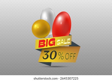 Big sale gold ribbons, banner with beautiful balloons and offers.