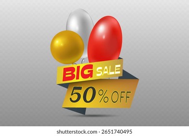Big sale gold ribbons, banner with beautiful balloons and offers.