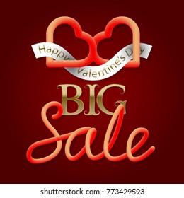 Big Sale golden and gradient luminous text with two connected hearts symbol. Valentines Day shopping banner design.