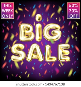 Big Sale golden lettering with colored confetti on the violet background, card template