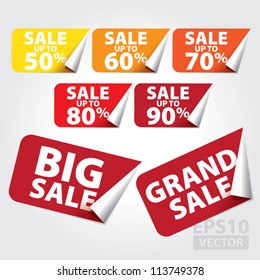 Big Sale and Grand Sale tags with Sale up to 50 - 90 percent text on square sticker tags - EPS10 Vector