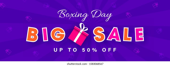 Big Sale header or banner design with gift box and 50% discount offer on purple rays background for Boxing Day.