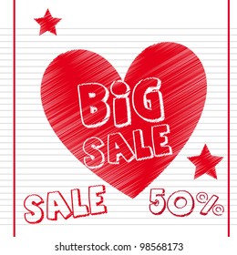 big sale with heart over notebook paper. vector illustration