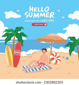 banner de playa de gran venta hola verano, Vector, Ilustración