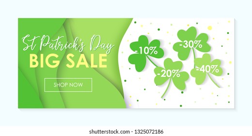 Big sale horizontal banner to St Patricks Day, super discount, papercut background with clovers