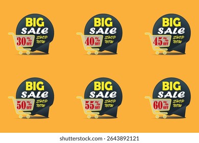 Big sale icons collection with shopping carts and discount labels. On orange background