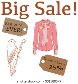 Big Sale illustration with bird, feminine blouse and labels