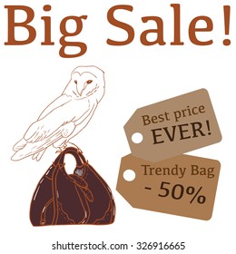 Big Sale illustration with cute owl, trendy bag,  and labels