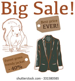 Big Sale illustration with squirrel, jacket and labels