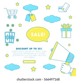 Big sale illustration, vector banner for discount promotion with clouds and stars