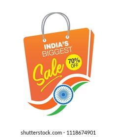 Big Sale Indian Independence Day Template Design with Shopping Bag and Tri Color Indian Flag, 70% Discount Tag