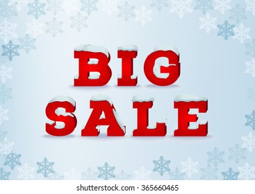 Big sale inscription design template in 3d style on blue background with snowflakes. Winter outlet, clearance, end of season, total sale concept. Snow cap text effect. EPS 10 vector illustration