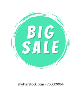 Big sale inscription on blue painted spot with brush strokes vector illustration isolated on white background, grand price discounts label design