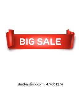 Big sale inscription on red detailed curved ribbon isolated on white background. Curved paper banner.