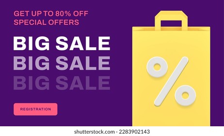 Big sale internet registration shopping special offer percentage discount black friday social media banner 3d icon vector illustration. Purchase clearance marketing announce price off retail business