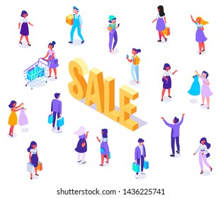 Big Sale. Isometric People vector set. Customers, buyers with shopping bags and cart. Online shopping, online ordering system isometric concept. Flat vector characters isolated on white