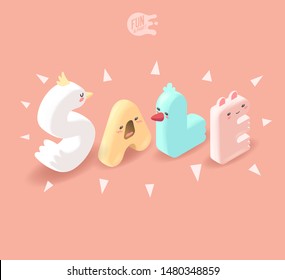 Big sale. Big kawaii words with childish colorfuls letters on pink background. Vector for celebration and party