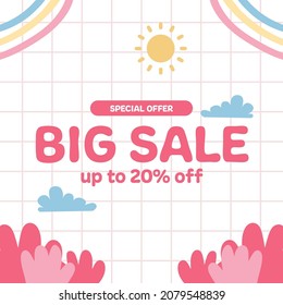 Big Sale Kid Children Baby Cute Social Media Poster Template With Pink Pastel Color And Abstract Memphis Element.