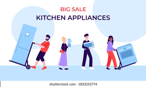 Big Sale of kitchen appliances, happy buyers at the sale of equipment. Flat vector cartoon concept illustration.