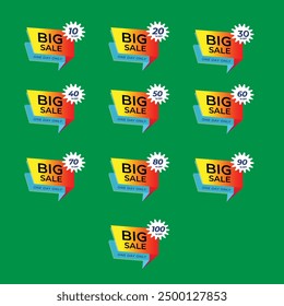 Big sale label design illustration 10% to 100% off flash sale mega offer isolated on green Background