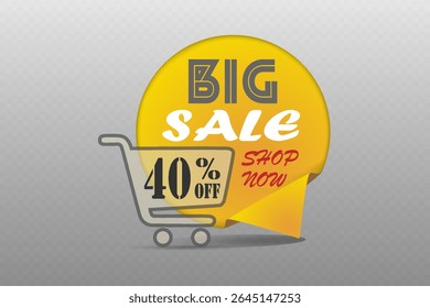 Big sale label with yellow speech bubble, shopping cart and shop now text. On transparent background