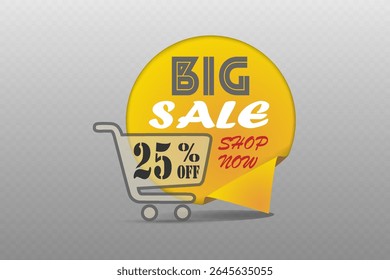 Big sale label with yellow speech bubble, shopping cart and shop now text. On transparent background