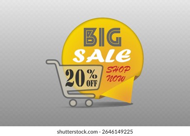 Big sale label with yellow speech bubble, shopping cart and shop now text. 