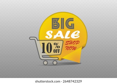 Big sale label with yellow speech bubble, shopping cart and shop now text. On transparent background