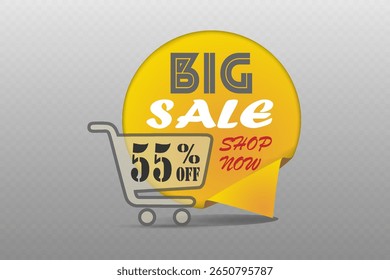 Big sale label with yellow speech bubble, shopping cart and shop now text. On transparent background