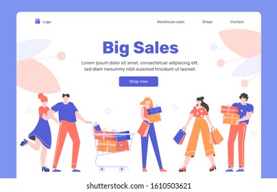 Big sale. Landing page concept design for online store. Easy shopping. E-commerce and discounts for customers. Vector flat character