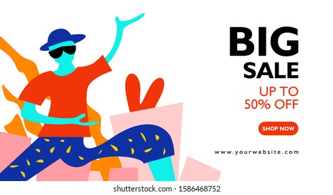 Big sale landing page and interface with smile people fashion style and floral for promotion.
Colorful pattern with white background for web banner special offer, print material and publication