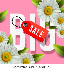 Big Sale lettering design background with daisy flowers, vector Illustration.