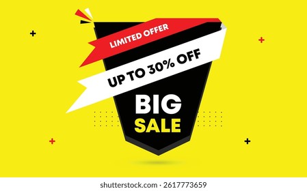 Big Sale Limited Offer Up to 30% Off Editable Web Banner Vector Illustration Black White Red Shapes Yellow Abstract Elements Modern Business Background Marketing Design Promotion Template