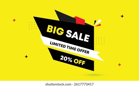 Big sale limited time offer 20% off editable web banner template vector illustration modern design black white red shapes with abstract yellow background for business advertising marketing promotion
