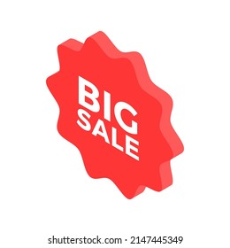 Big sale marketing shopping circle red badge with curl edges isometric minimalist 3d icon vector illustration. Retail business discount special offer black friday tag sticker isolated