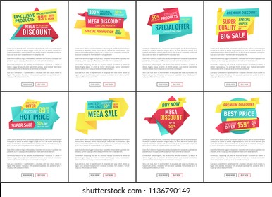 Big sale, mega discount and hot price advertising phrases banner set with text. Special exclusive offer landing page sample for shops and stores e-commerce.