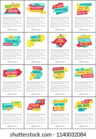 Big sale, mega discount and hot price advertising phrases banner set with text. Special exclusive offer landing page sample for shops and stores e-commerce.