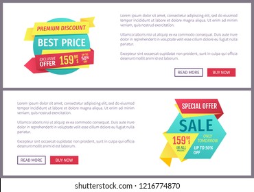 Big sale, mega discount and hot price advertising phrases banner set with text. Special exclusive offer landing page sample for shops and stores e-commerce.