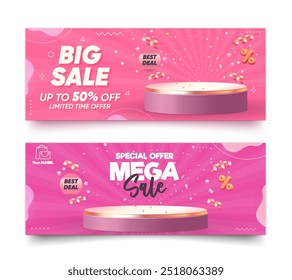 Big sale and mega sale poster commercial discount event banners with 3d stage podium illustration