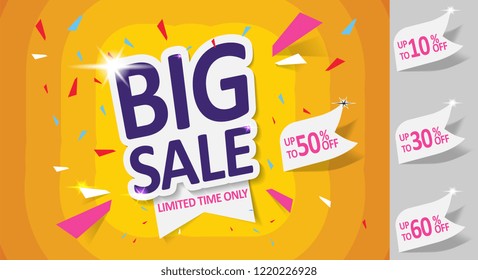 Big Sale, Mega. this weekend special offer banner, up to 10% 30% 50% 60% off. Vector illustration.