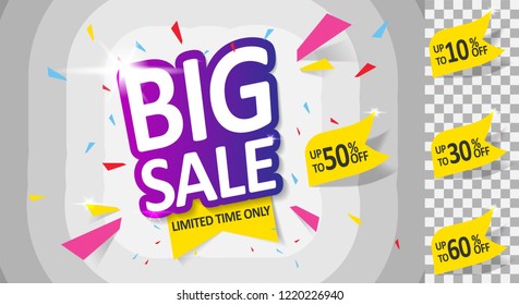 Big Sale, Mega. this weekend special offer banner, up to 10% 30% 50% 60% off. Vector illustration.