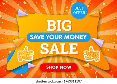 Big Sale modern horizontal banner background with confetti. Banner template for discount, business, advertisement, promotion. Blue,red, yellow color. Stock vector illustration on sunbeam background