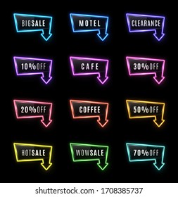 Big Sale, Motel, Hot Sale, Clearance, Cafe, Coffee, Wow, 10, 20, 30, 50, 70% off neon light arrow color signs set on black background. Glowing tube frame for night bar club. Bright vector illustration